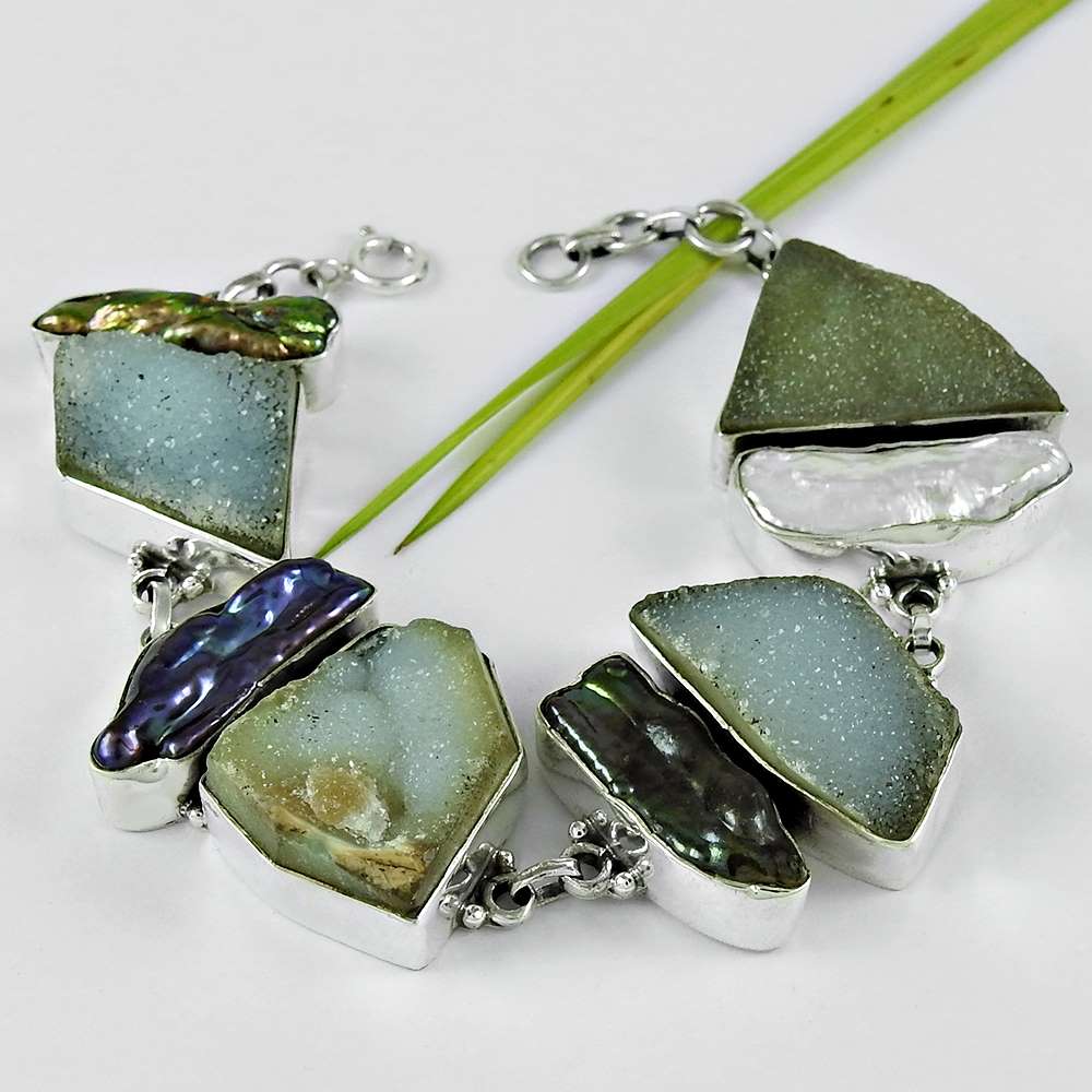 Natural Druzy Gemstone Chain Boho Bracelet 925 Sterling Silver For Women E2