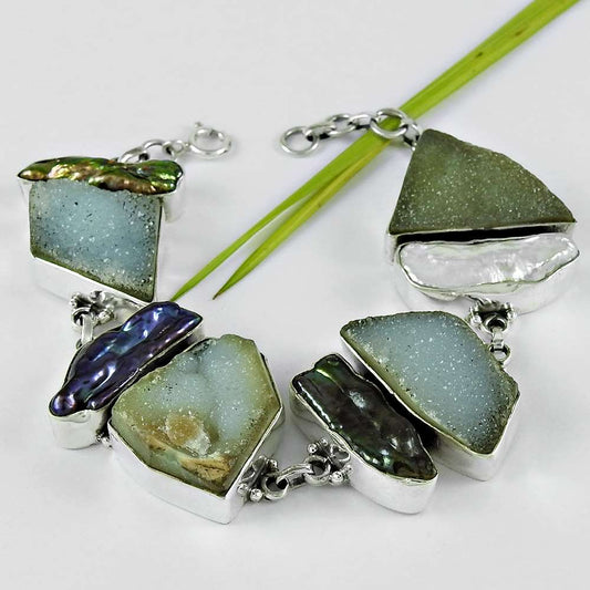 Natural Druzy Gemstone Chain Boho Bracelet 925 Sterling Silver For Women E2