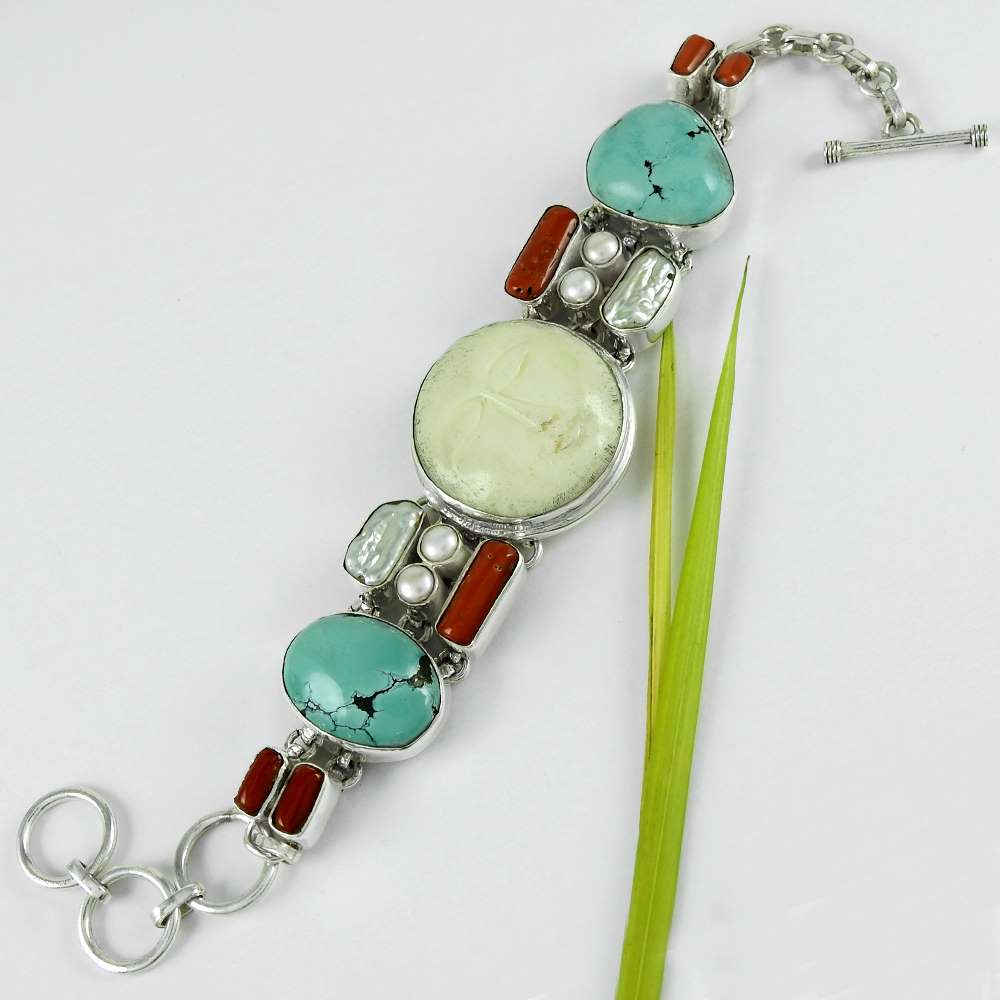 Natural Turquoise Gemstone Chain Bohemian Bracelet 925 Sterling Silver G5