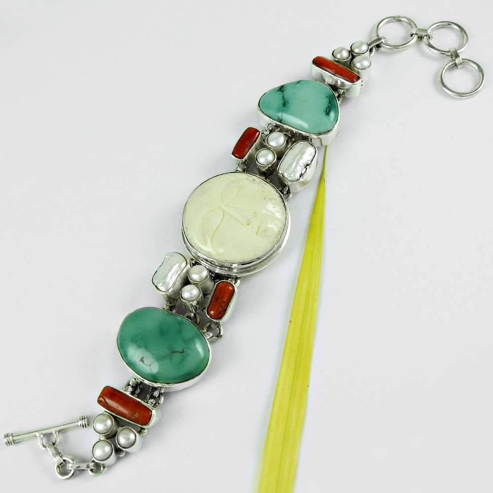 Birthday Gift Natural Turquoise Chain Vintage Bracelet 925 Sterling Silver F2