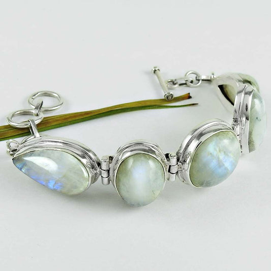 Natural Rainbow Moonstone 925 Silver Chain Boho Bracelet For Girls H5