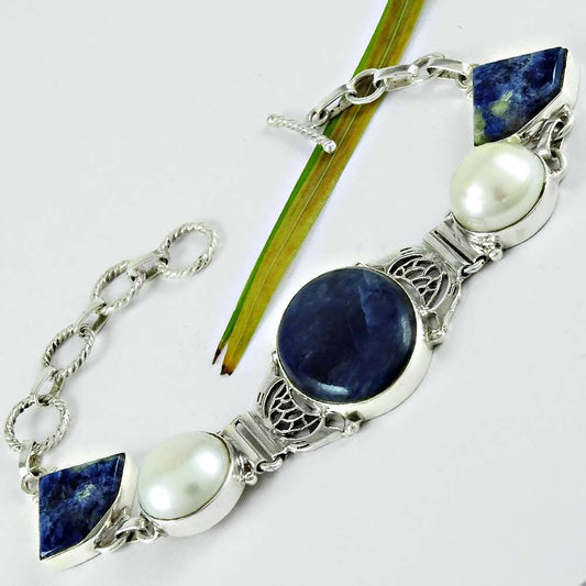 Anniversary Gift For Her Natural Sodalite Chain Tribal Bracelet 925 Silver V42