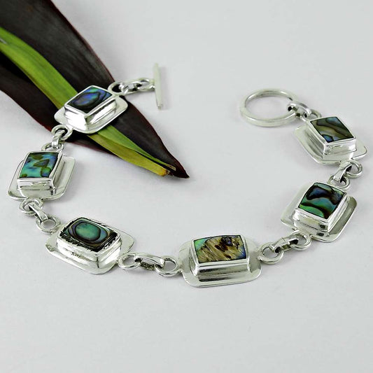 Birthday Gift Natural Abalone Shell Chain Ethnic Bracelet 925 Silver H2