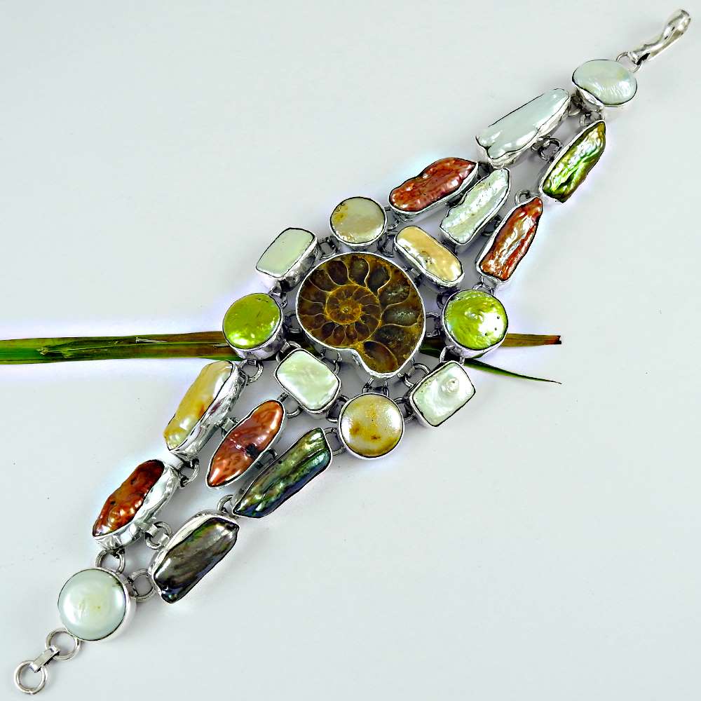 Birthday Gift Natural Ammonite Chain Boho Bracelet 925 Sterling Silver K2