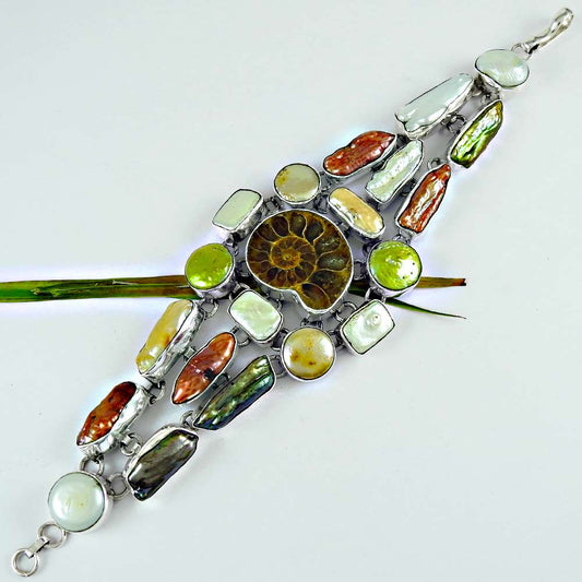 Birthday Gift Natural Ammonite Chain Boho Bracelet 925 Sterling Silver K2