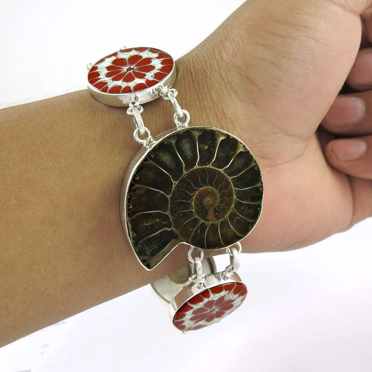Natural Ammonite Gemstone Chain Bohemian Bracelet 925 Silver For Girls L2