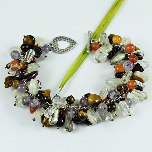 Natural Tiger'S Eye Gemstone 925 Silver Chain Beaded Bracelet For Women B5