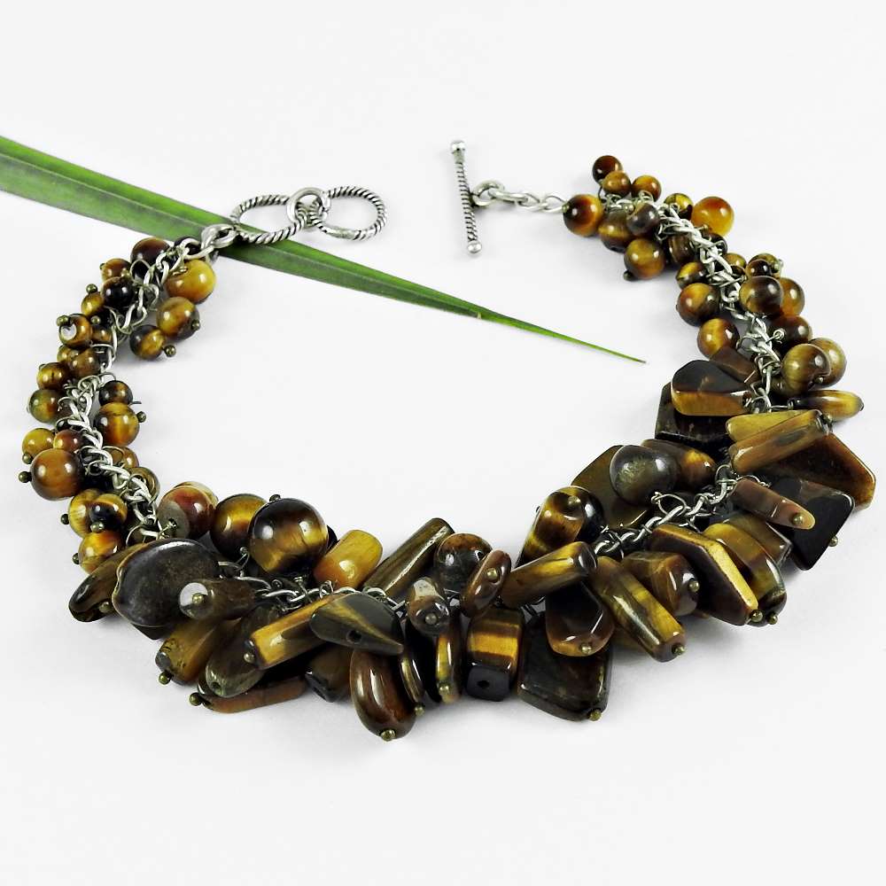 Natural Tiger'S Eye Gemstone Chain Beaded Bracelet 925 Sterling Silver U20