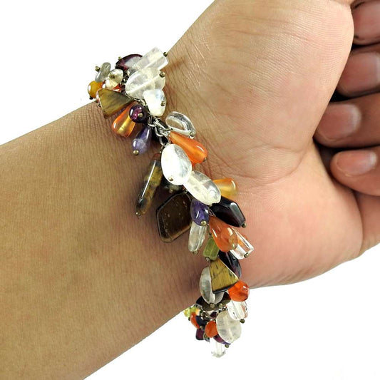 Natural Multi Stone Gemstone 925 Sterling Silver Chain Bracelet For Girls D5