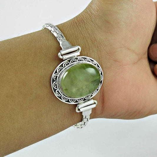 Good Looking Prehnite Gemstone Sterling Silver Bracelet Jewelry