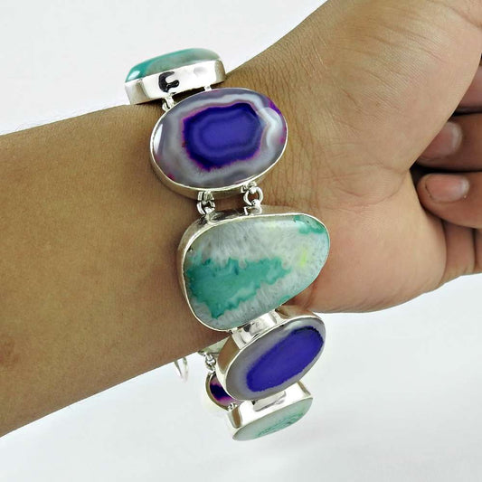 Misty Morning Solar Fossil Agate Gemstone Sterling Silver Bracelet Jewelry