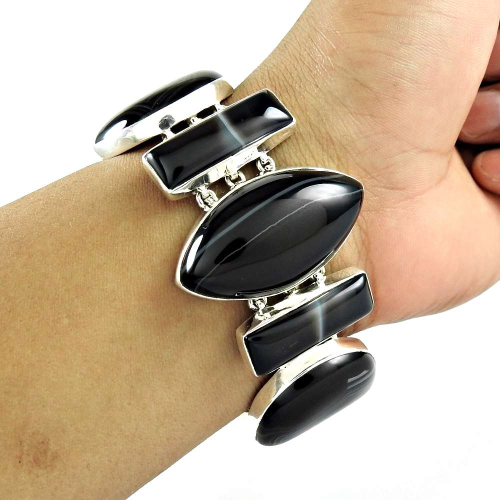 New Arrival Striped Onyx Gemstone Sterling Silver Bracelet Jewelry
