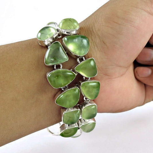 Ornate Prehnite Gemstone Sterling Silver Bracelet Jewelry