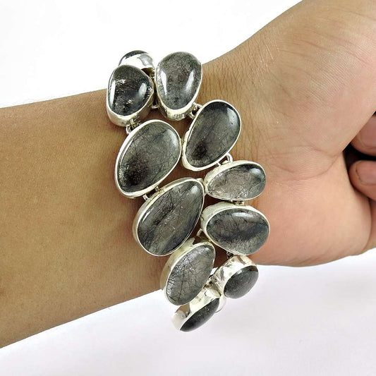 Rare Beauty Black Rutile Gemstone Sterling Silver Bracelet Jewelry