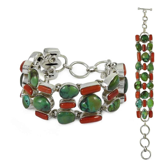 925 sterling silver fashion jewelry Rare Coral & Turquoise Gemstone Bracelet