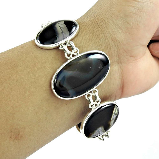 Royal Dendritic Opal, Onyx Gemstone Silver Bracelet Jewelry