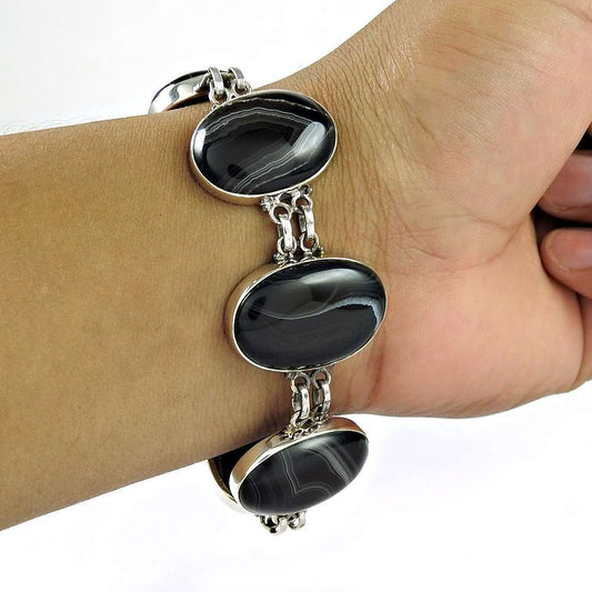 Classy Style 925 Sterling Silver Stripped Onyx Bracelet