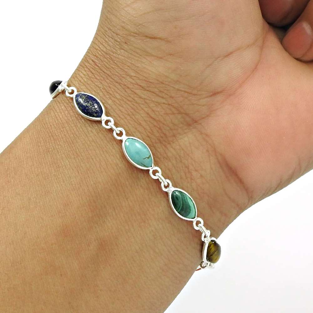 Natural TURQUOISE GARNET CARNELIAN Tiger Eye Silver Chakra Bracelet A2