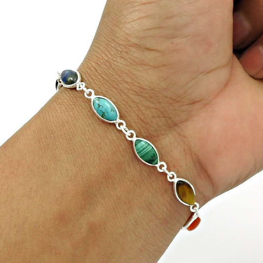 Silver Natural TURQUOISE GARNET CARNELIAN Tiger Eye Chakra Bracelet G2