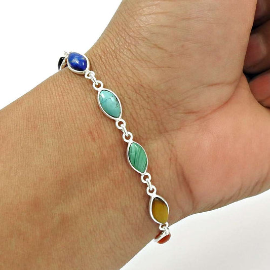 Natural TURQUOISE GARNET CARNELIAN Tiger Eye Chakra Bracelet Silver N2