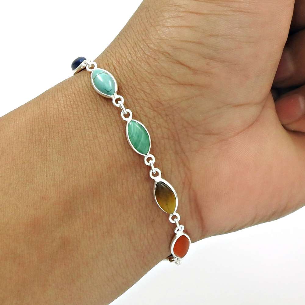 Silver Natural TURQUOISE GARNET CARNELIAN Tiger Eye Chakra Bracelet P2