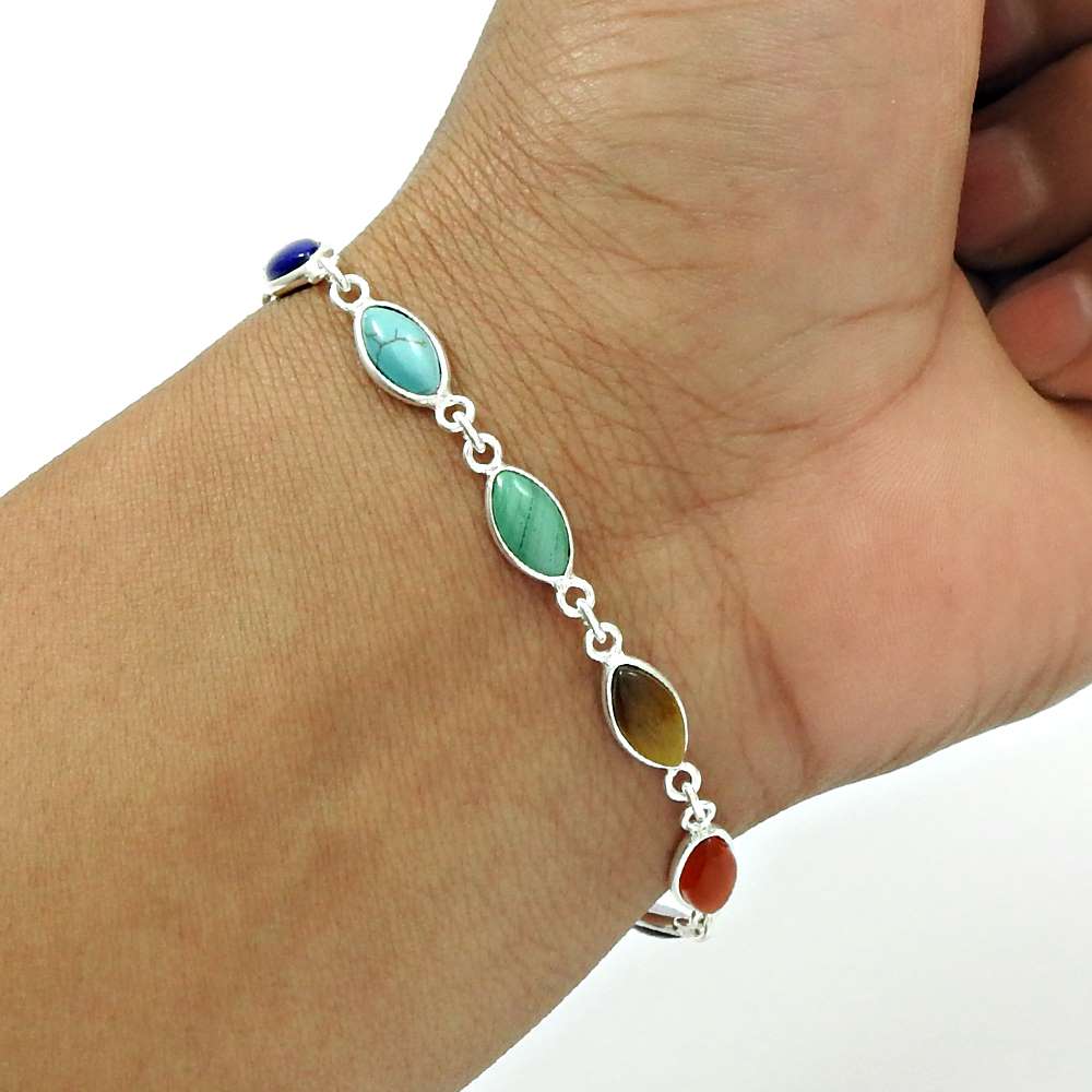 Natural TURQUOISE GARNET CARNELIAN Tiger Eye Silver Chakra Bracelet R2