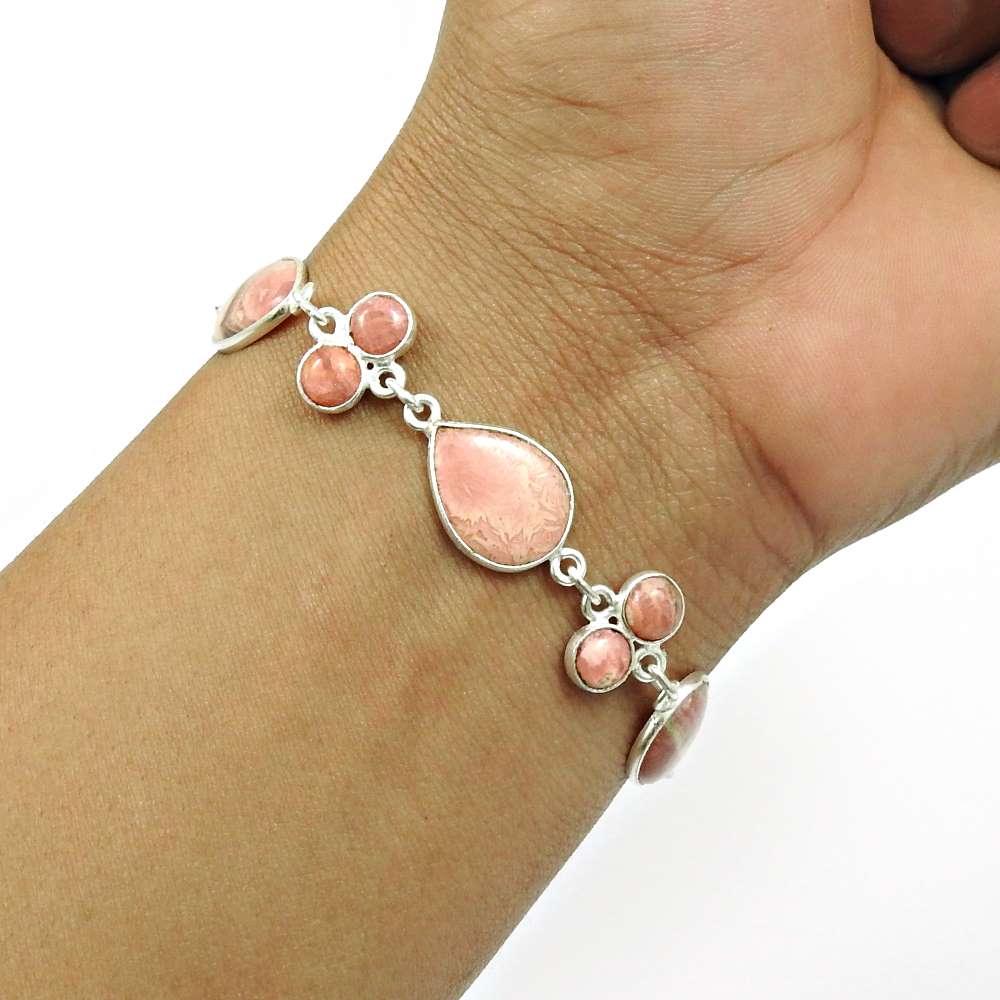 Natural RHODOCHROSITE Gemstone HANDMADE Jewelry 925 Sterling Silver Bracelet AI6