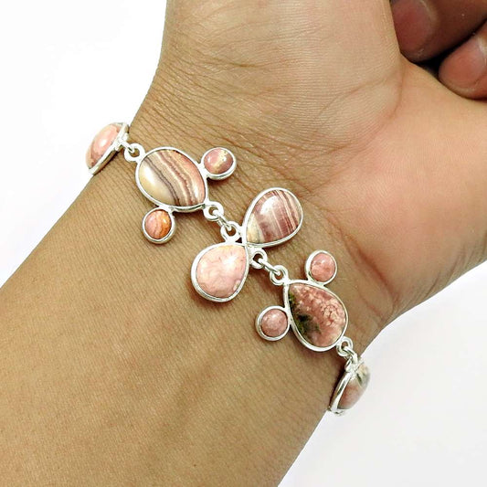 Natural RHODOCHROSITE Gemstone HANDMADE Jewelry 925 Sterling Silver Bracelet AT8