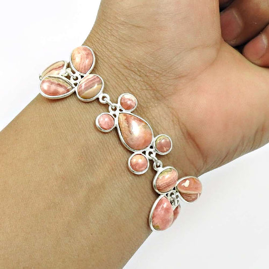 Natural RHODOCHROSITE Gemstone HANDMADE Jewelry 925 Sterling Silver Bracelet AC6