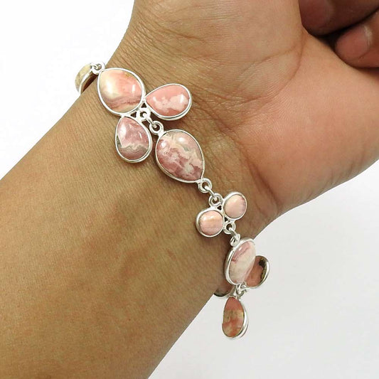 Natural RHODOCHROSITE Gemstone Bracelet 925 Sterling Silver HANDMADE Jewelry AO9