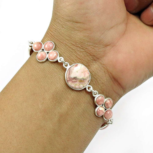 Natural RHODOCHROSITE Gemstone Bracelet 925 Silver HANDMADE Fine Jewelry AE8