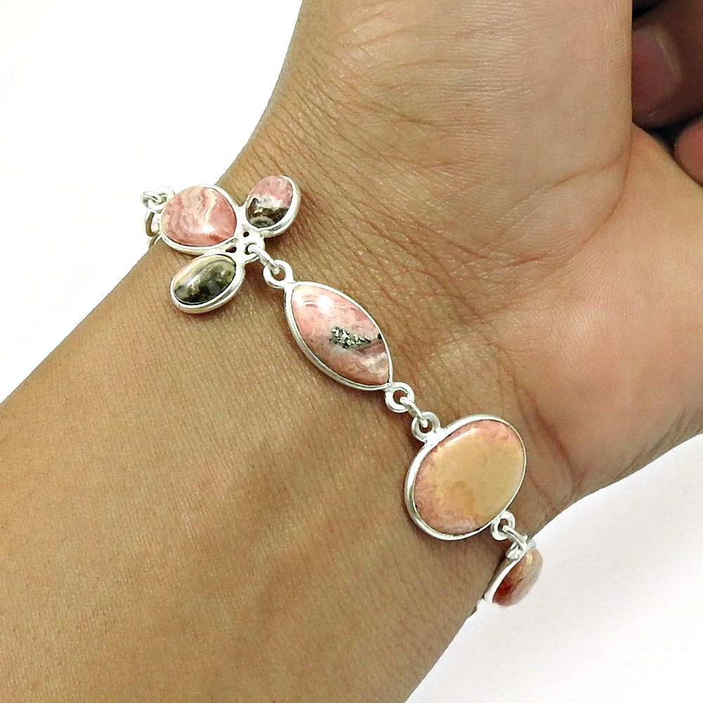 Natural RHODOCHROSITE Gemstone Bracelet 925 Sterling Silver HANDMADE Jewelry AF8