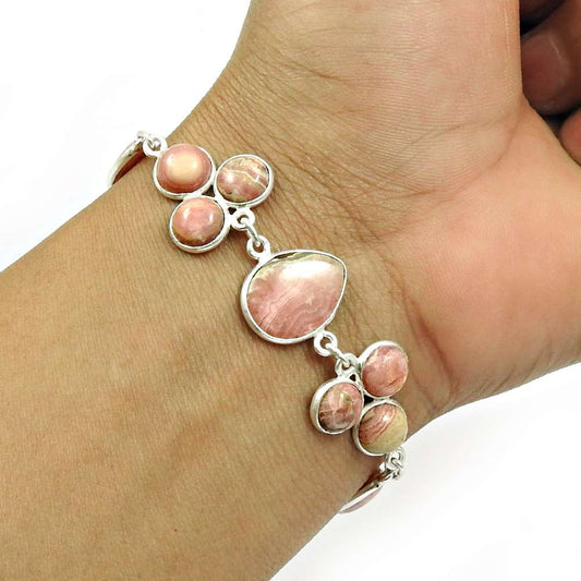 Natural RHODOCHROSITE Gemstone Bracelet 925 Sterling Silver HANDMADE Jewelry AQ8