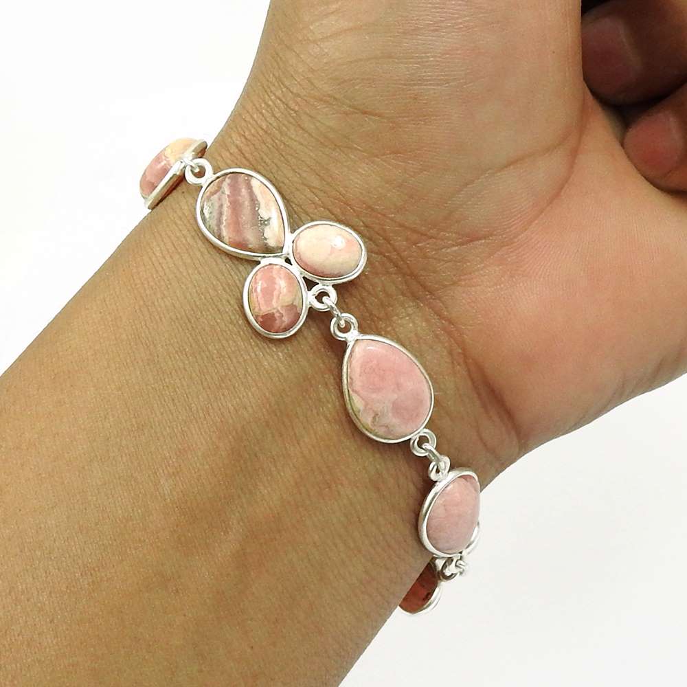 Natural RHODOCHROSITE Gemstone Bracelet 925 Silver HANDMADE Fine Jewelry AR8