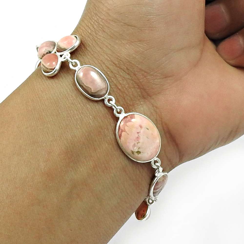 Natural RHODOCHROSITE Gemstone HANDMADE Jewelry 925 Sterling Silver Bracelet AX7