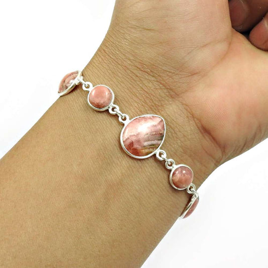 Natural RHODOCHROSITE Gemstone Bracelet 925 Silver HANDMADE Fine Jewelry AR9