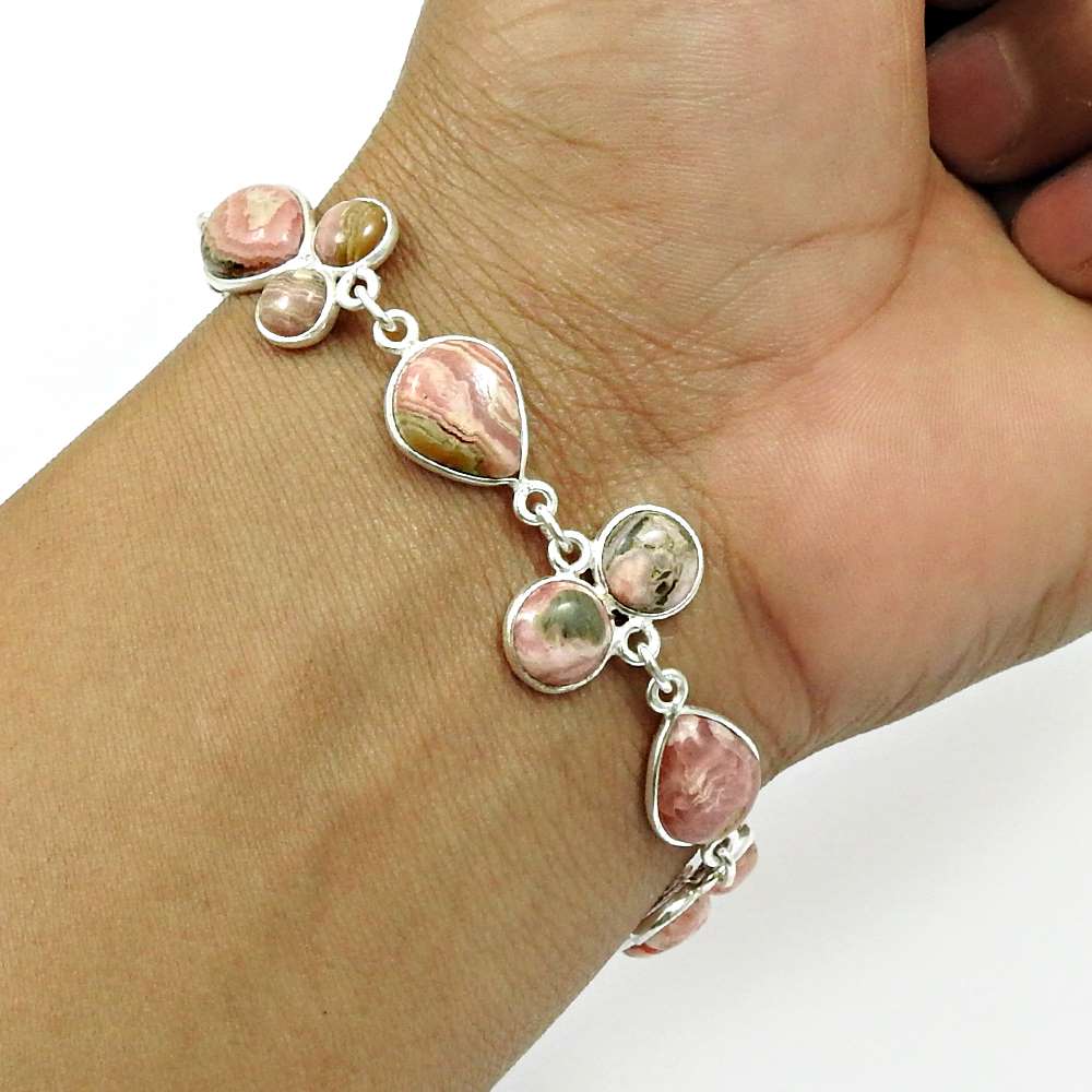 Natural RHODOCHROSITE Gemstone HANDMADE Jewelry 925 Sterling Silver Bracelet AT5