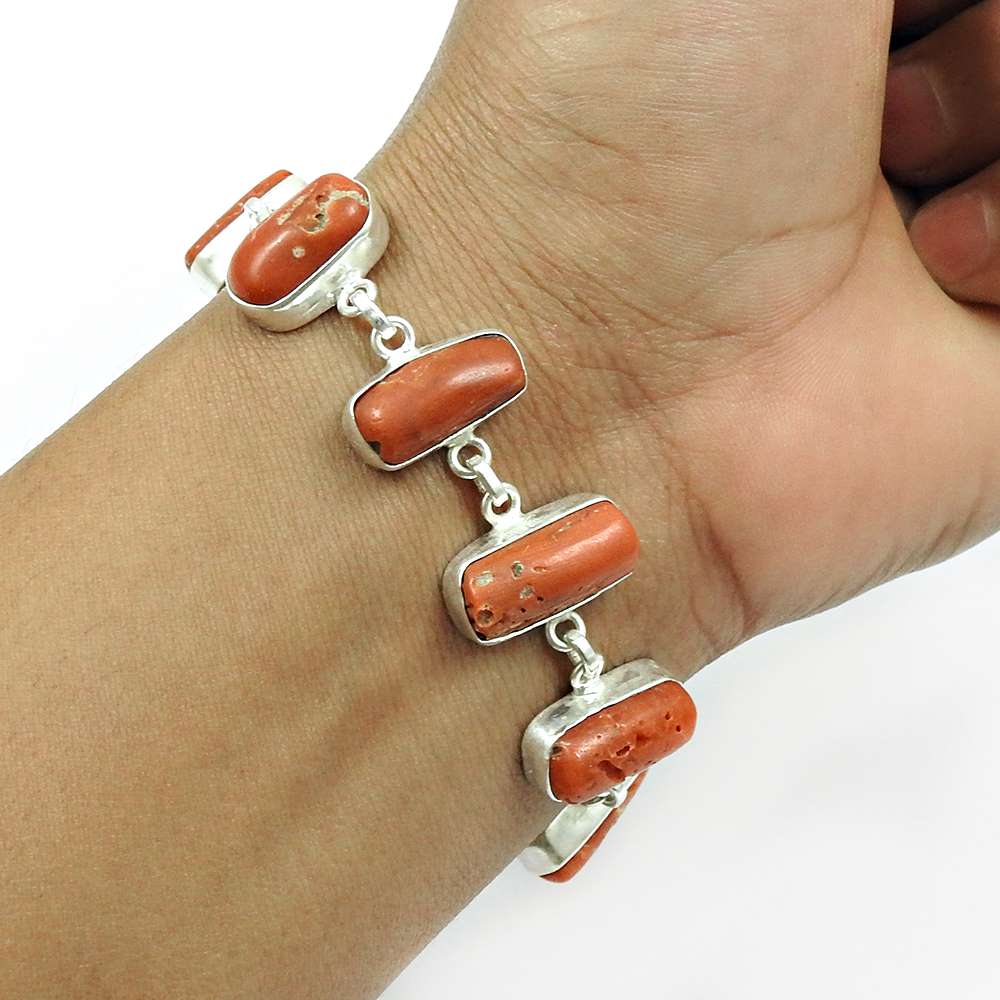 Coral Gemstone Bracelet 925 Sterling Silver Indian Handmade Jewelry C2