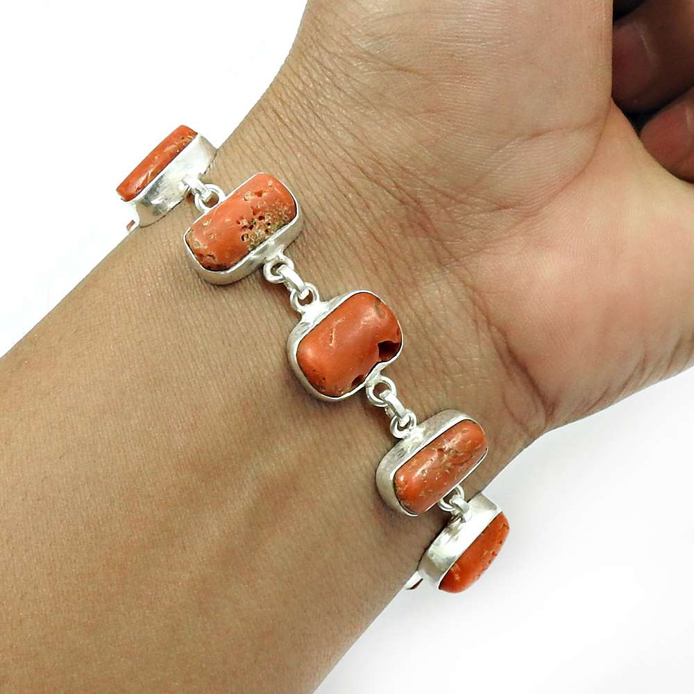 Coral Gemstone Bracelet 925 Sterling Silver Handmade Indian Jewelry N2