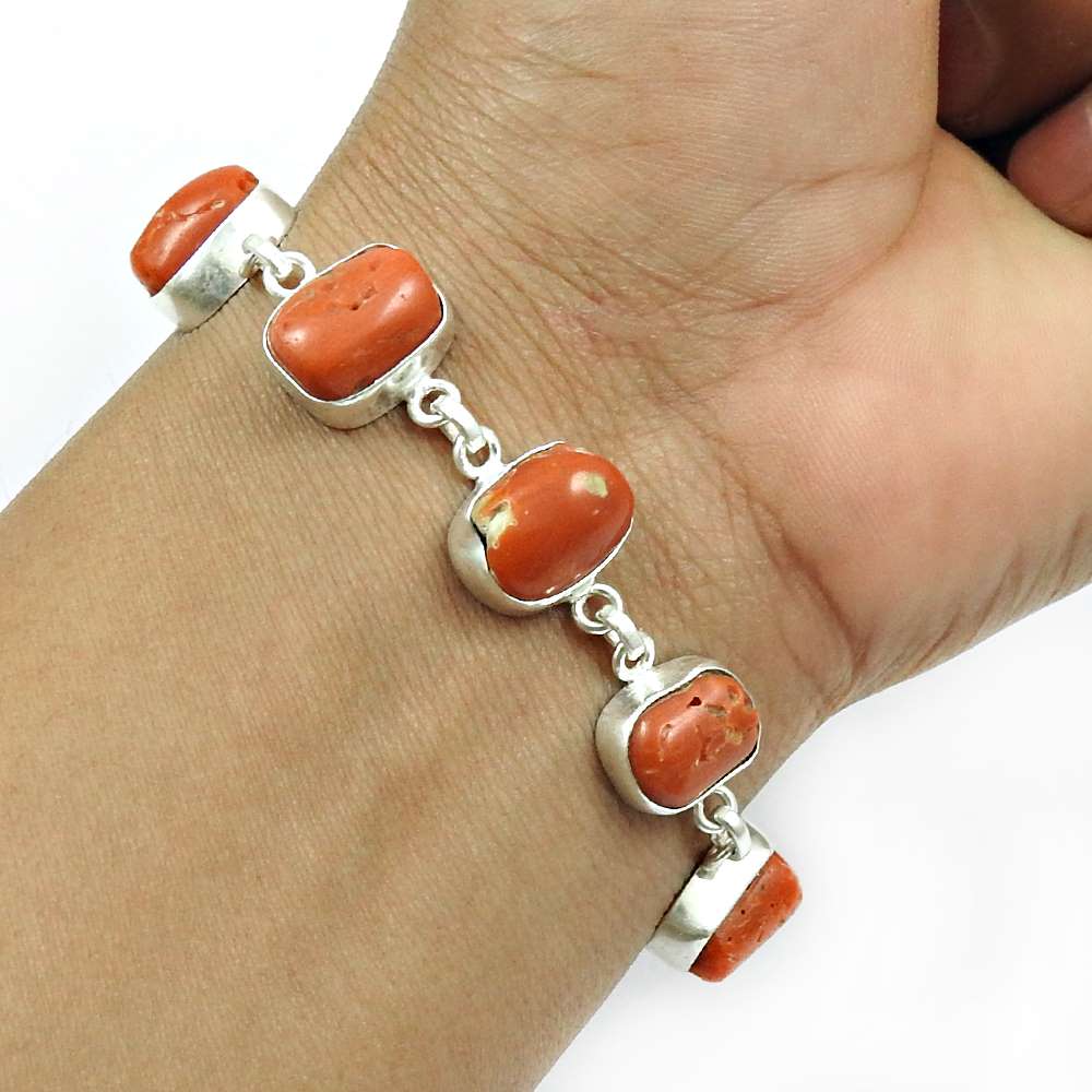 Coral Gemstone Bracelet 925 Sterling Silver Traditional Jewelry P2