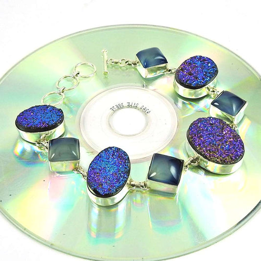 925 Sterling Silver Vintage Jewelry Fashion Chalcedony Druzy Gemstone Bracelet Mayorista