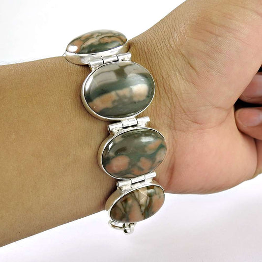 Natural Jasper Gemstone 925 Sterling Silver Chain Tribal Bracelet For Girls F8