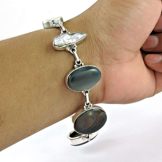 Natural Beauty 925 Sterling Silver Freshwater Pearl South Sea Pearl Botswana Agate Bracelet