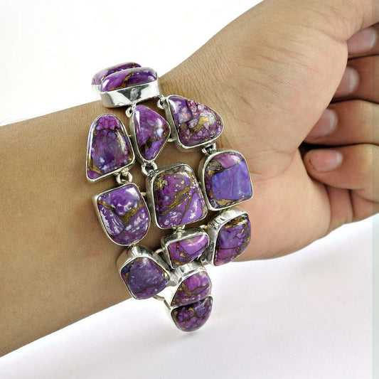 Natural Purple Copper Turquoise Gemstone Chain Bohemian Bracelet 925 Silver I4