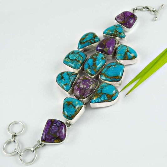 Birthday Gift Natural Copper Turquoise Gemstone 925 Silver Chain Bracelet G1