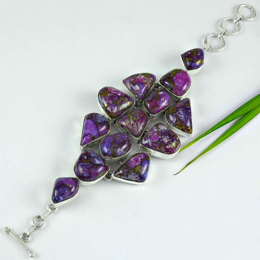 Birthday Gift Natural Purple Copper Turquoise Chain Boho Bracelet 925 Silver J4