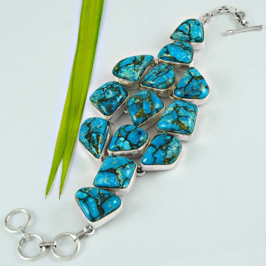 Birthday Gift Natural Blue Copper Turquoise Chain Bracelet 925 Silver H1