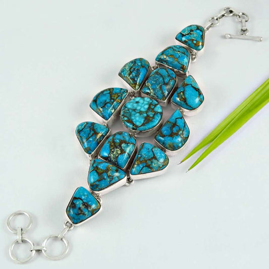 Gift For Women Chain Boho Bracelet 925 Silver Natural Blue Copper Turquoise M24