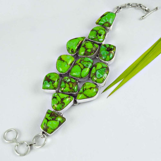 Birthday Gift Natural Copper Turquoise Gemstone 925 Silver Chain Bracelet