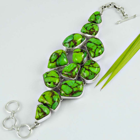 Natural Green Copper Turquoise Chain Tribal Bracelet 925 Silver For Women K4